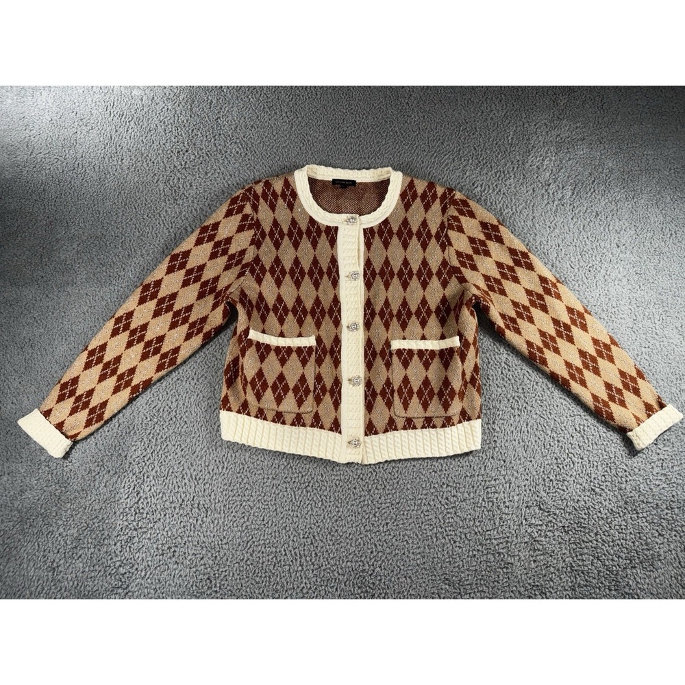 Skies Are Blue Sweater Women Medium Argyle Embellished Button Academia Clueless